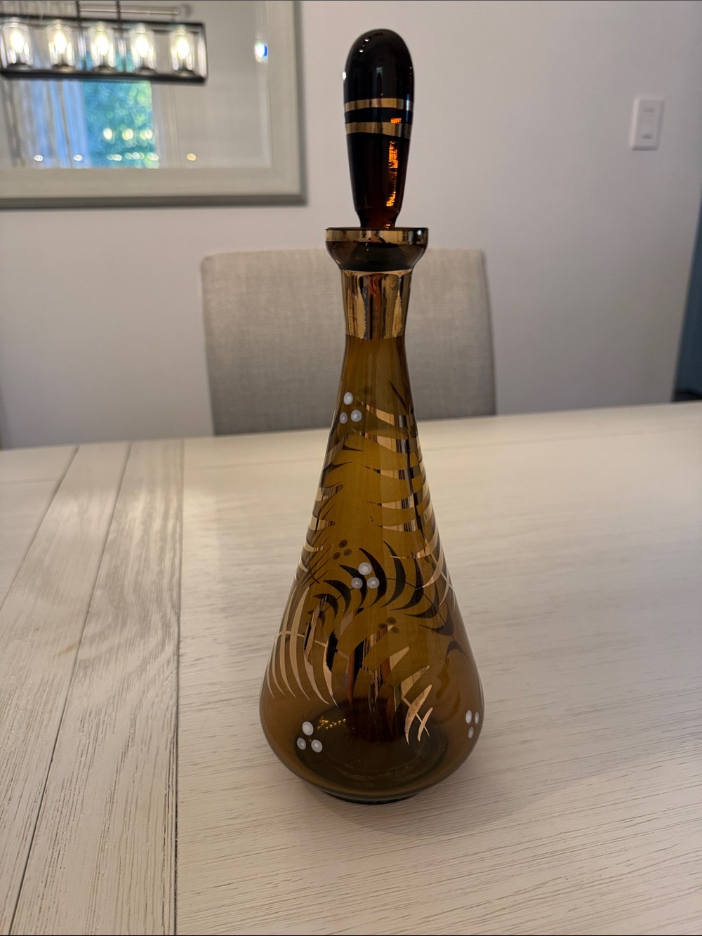 Amber Glass Decanter with Gold Accents -